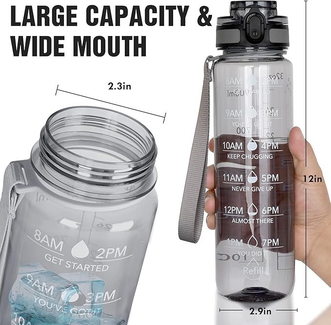 OLDLEY Water Bottle, 32oz Motivational Sports Water Bottle with Time Marker - Times to Drink - Tritan, BPA Free, Wide Mouth Leakproof,Anniversary Birthday Gifts for Men Women,Smoke Grey (1 Bottle)