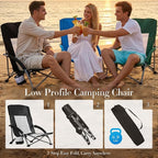 DUMOS Low Beach Chair for Adults, Lightweight Folding Beach Chair with Cup Holder, Storage Bag, Breeze Mesh Back, Padded Armrests, Compact Low Profile Chair for Camp, Picnic, Lawn, Sand