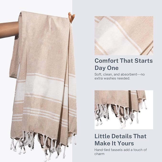 Cotton Turkish Beach Towel with Towels Oversized 36"x72" Pool Absorbent Extra Large Quick Dry Sand Travel Towel (Beige, 2 Pack)