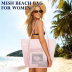 Fammart Mesh Beach Bag, Large Beach Tote with Zipper Pocket, Toys Pool Bag for Family Travel Vacation Cruise Essentials