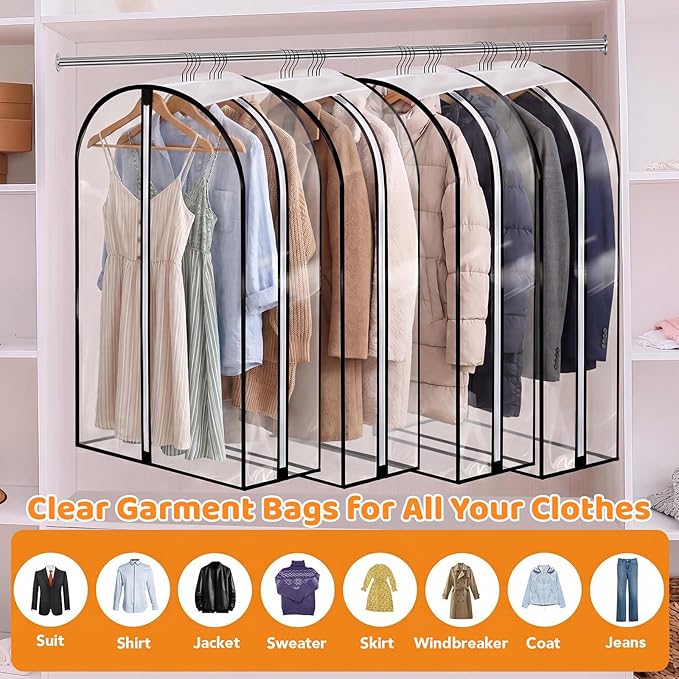 2 Pack Full Clear Garment Bags with Side Zipper, 40" Clothes Covers with 10" Gusset, Transparent Hanging Suit & Coat Covers for Closet Storage, Dresses, Windbreakers, Jackets