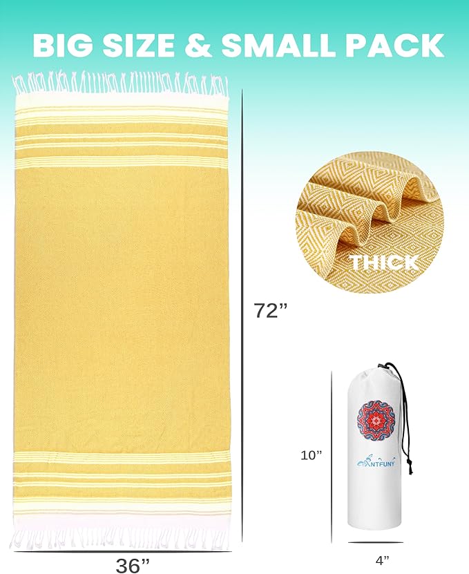 Antfuny 2 Pack Turkish Beach Towels Vacation Essentials Quick Dry Sand Free Oversized Bath Pool Swim Towel Extra Large XL Big Blanket Adult Men Travel Cruise Accessories Must Haves Clearance Yellow