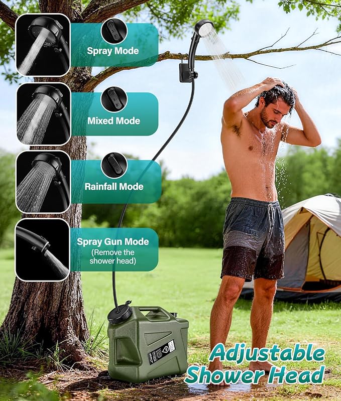Portable Shower for Camping with 5-Gallon Water Jug, 6000mAh Rechargeable Outdoor Camping Shower Kit, IPX8 Waterproof Pump, Easy to Store for Hiking, Beach, 5-Mode Shower Head