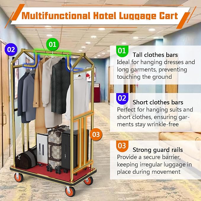 Gold Hotel Luggage Cart,42"x24" Bellman Cart with Baffle Guardrail and 6In Caster Weight Capacity Up to 850LBS Provide Convenience to Guest Gold Finished Hotel Cart Add Elegance to Hotel&Resort