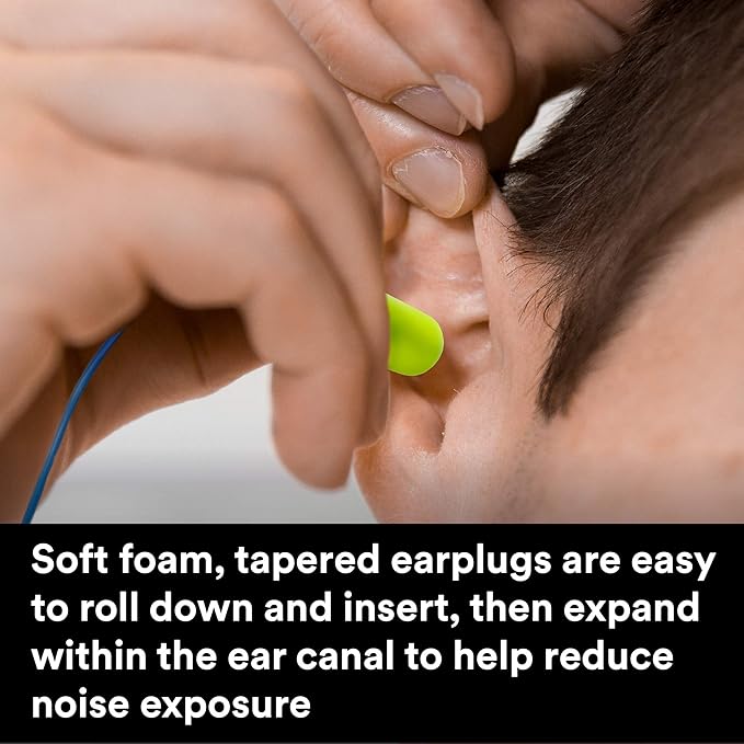 3M Ear Plugs, E-A-Rsoft Yellow Neons 311-1250, 200 Pair of Disposable Earplugs, Pairs Individually Wrapped, Regular Size, Corded, 33 NRR, Tapered Cylinder Shape, Slow Recovery Foam