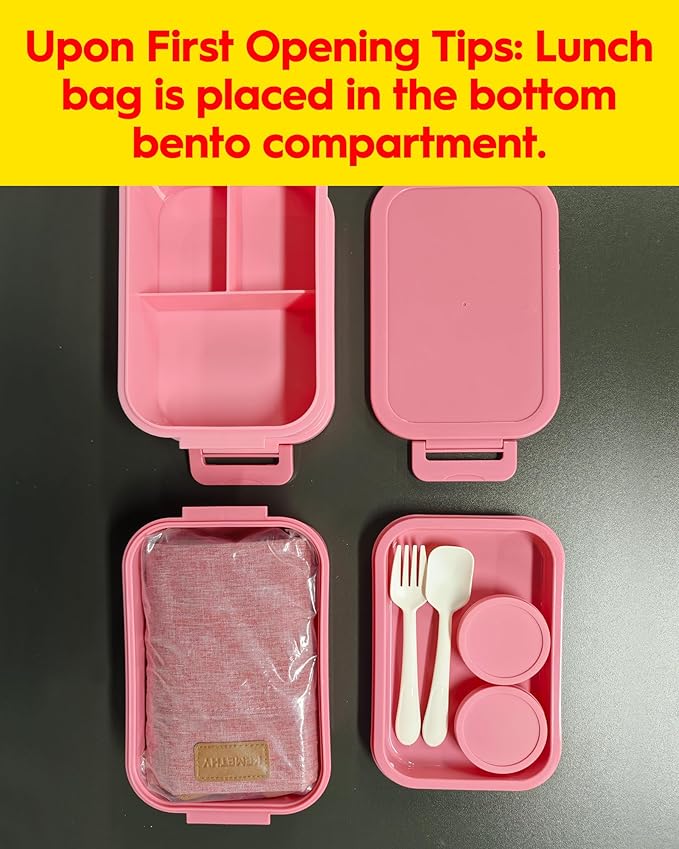 KEMETHY Adults Bento Lunch Box Set with Thermo Bag, 74oz Stackable Leak-proof 3-tiers Bento Box, Built-in Utensil and Sauce Container for Work, School, Dining Out (Pink)