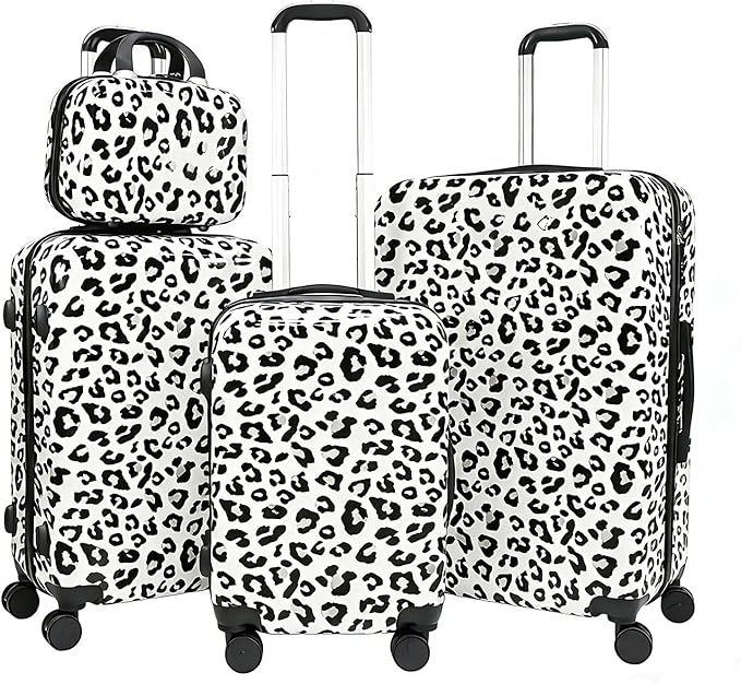 Luggage Sets 4 Piece Leopard Print, ABS+PC Hardside Suitcase Set with 360° Silent Spinner Wheels, TSA Lock, Lightweight Rolling Travel Luggage with Adjustable Handle, 14/20/24/28 Inch (Leopard White)
