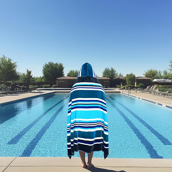 COTTON CRAFT Hooded Beach Towel – Oversized 39 x 68 Towel with Hood for Adults - 100% Ringspun Cotton Velour Terry Towel Stripe Bath Wrap - Super Soft Plush Absorbent Quick Dry – 450 GSM – Cancun Blue