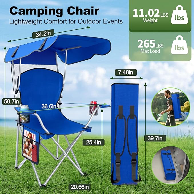 VTOY Portable Camping Chair with Canopy - Folding Chair with Canopy, Durable 600D Oxford Canopy Chair for Camping, Beach, Picnics, Fishing & Sports