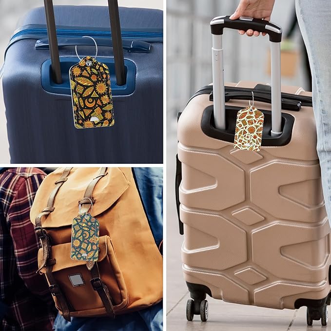 Rimilak 3 Pcs PU Leather Luggage Tags for Suitcase, Travel Cruise Luggage Tag with Privacy Flap, Name ID Label and Metal Loop for Women Men Baggage Handbag School Bag Backpack, Abstract Datura