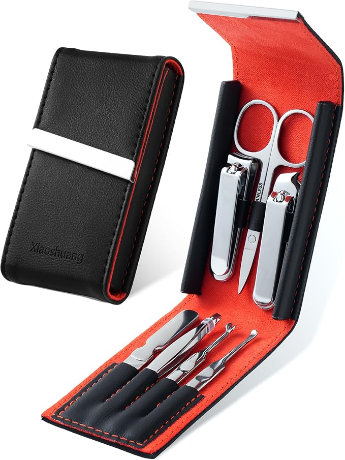 Nail Clipper Set 7 in 1, Precision Manicure Kit with Magnetic Leather Case, Mirror-Polished Stainless Steel Tools for Fingernail & Toenail, Daily Grooming Kit for Men & Women