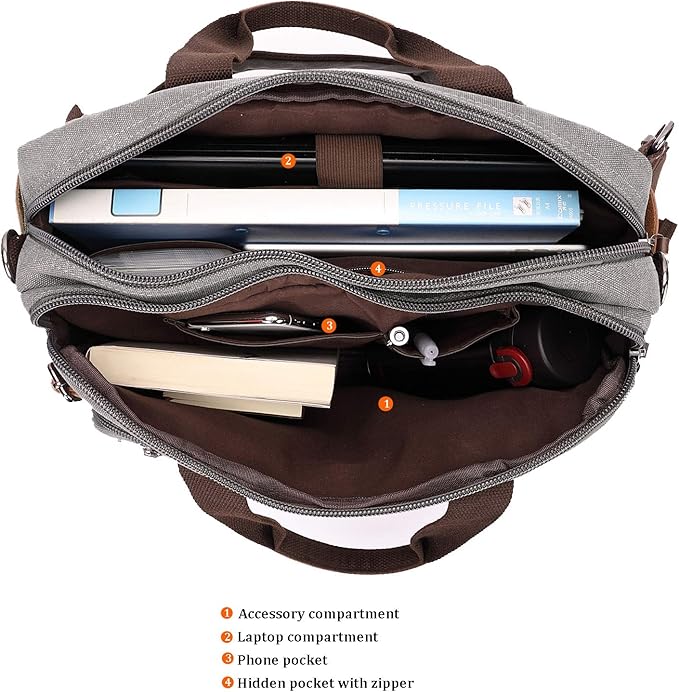 CROCOD 3 In 1 Canvas Convertible Laptop Bag for Men Women, 17.3 inch Laptop Messenger Bag Work Briefcase, Computer Shoulder Bag for Travel Business Office (17.3 Inch, Grey) | 3 In 1, Multi-pocket