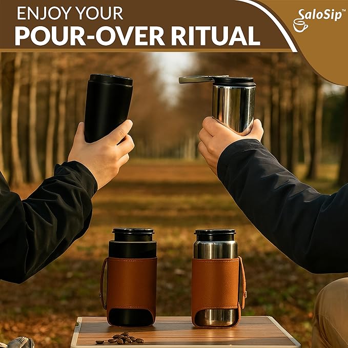 4-in-1 Portable Manual Pour Over Coffee Maker with Grinder – Travel & Camping Pour Over Set – All-in-One Portable Coffee Brewer Kit with Stainless Steel Kettle, Thermal Mug & Dripper