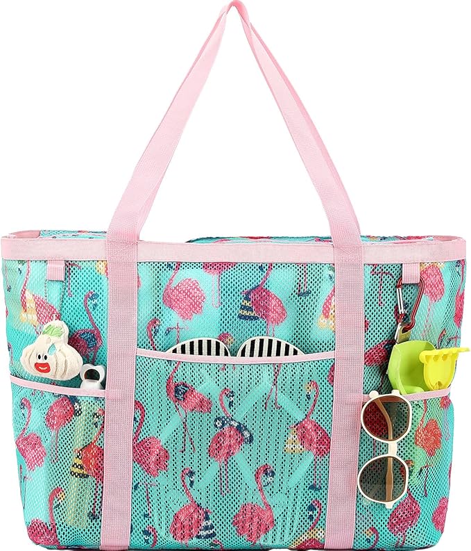 Fammart Mesh Beach Bag with Zipper, Large Beach Tote for Women, Toys Pool Swim Bag Travel Vacation Cruise Essentials