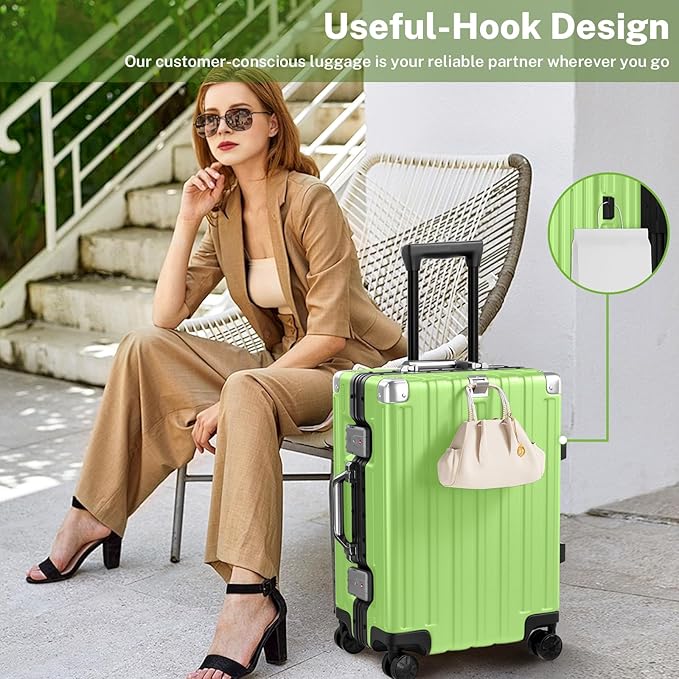 Krute Carry On Luggage 20 inch Aluminum Frame Luggage with Spinner Wheels Hardshell No Zipper PC+ABS TSA Lock Zipperless Suitcases Green