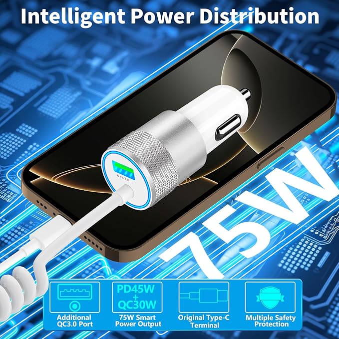 [Apple MFi Certified] iPhone 16 Fast Car Charger, Caiinei 75W PD&QC USB-C Car Power Cigarette Lighter USB-C Car Carplay Charger with 6FT Coiled Type-C Cable for iPhone 16 Pro/16 Pro Max/15/15 Pro/iPad