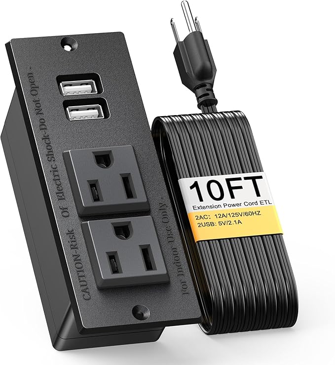 10-Pack Recessed Power Strip Desktop Power Grommet Conference in Desk Outlet Power Socket 2 Outlets &2 USB Ports 10 FT Extension Power Cord, ETL Listed