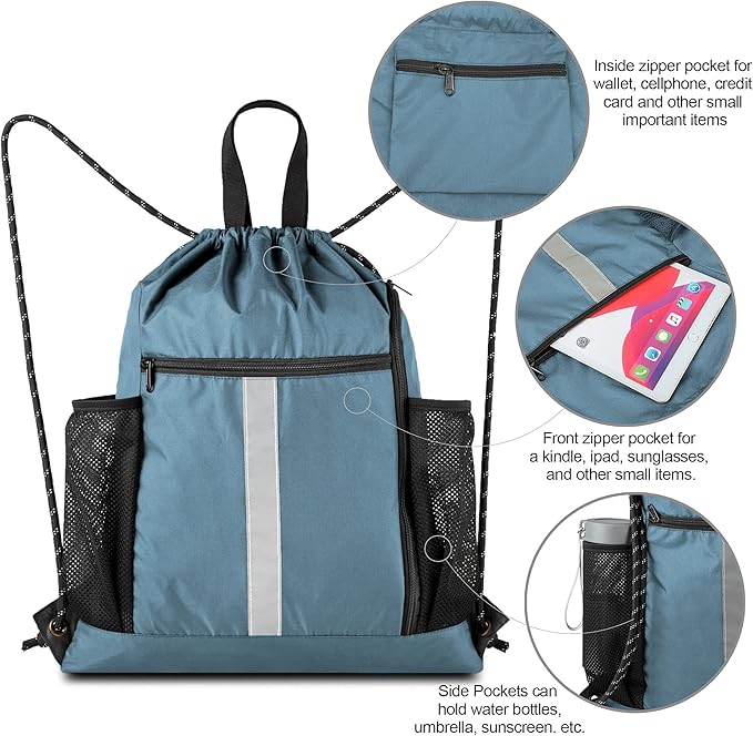 BeeGreen Blue Sport Cinch Bag String Backpack with Shoe Compartment and Two Side Mesh Pockets Machine Washable Sturdy Gymsack Drawstring Sackpack