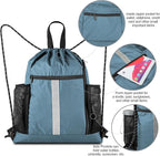 BeeGreen Blue Sport Cinch Bag String Backpack with Shoe Compartment and Two Side Mesh Pockets Machine Washable Sturdy Gymsack Drawstring Sackpack
