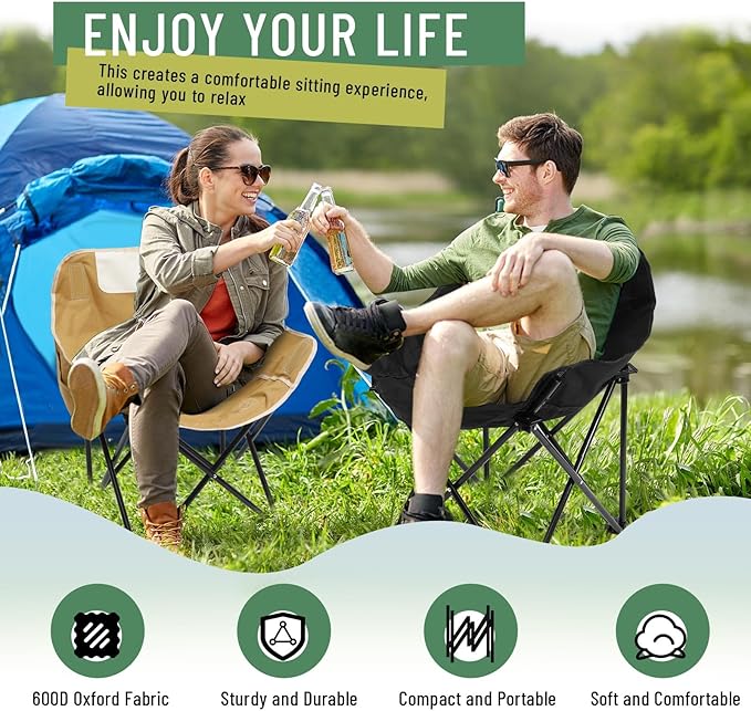 2 Pack Compact Camping Chairs Portable Folding for Outside with Carry Bag Lightweight Moon Chairs for Travel Picnic Hiking Beach Fishing, 600D Oxford, Supports 330lbs(Khaki, Black)