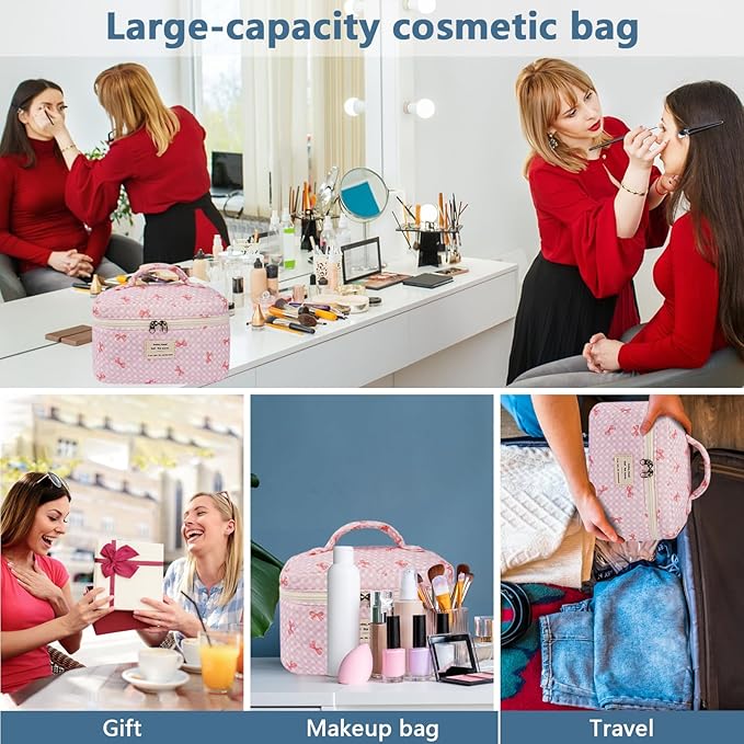Gosect Large Makeup Bag, Cute Cosmetic Bag for Women Girls, Floral Coquette Aesthetic Toiletry Bag, Travel Make Up Organizer Bag (Pink Butterfly)
