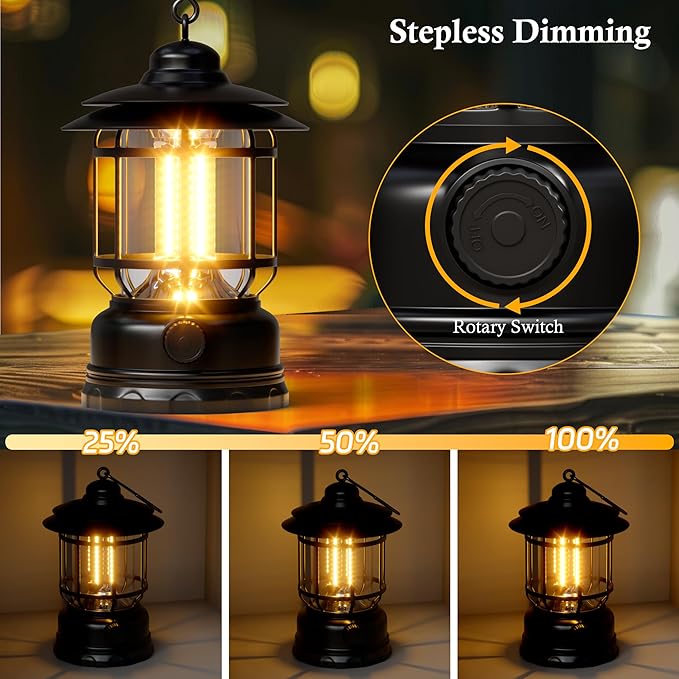 Retor LED Camping Lanterns 1500 LM Step-Less Dimming, Lightweight Battery Powered USB Rechargeable Flashlight Survival Kits Home Garden Camping Emergency Outages Hiking Light (Black 1 Pack)