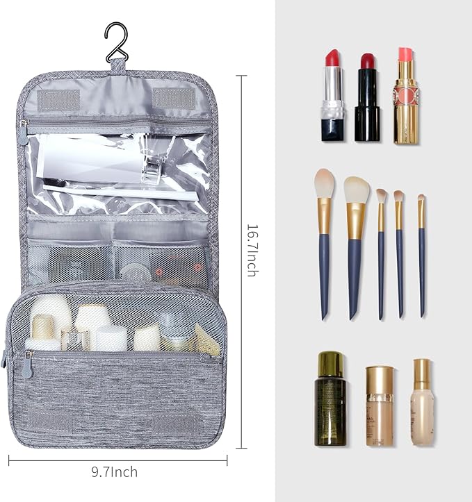 Lcsmaokin Large Capacity Toiletry Bag Travel Bag with Hanging Hook for Men and Women Waterproof Travel Cosmetic Bag Bathroom Storage Bag for Brushes Set,Full-Sized Shampoo,Toiletries,Accessories-Grey
