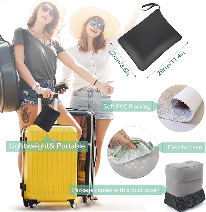 Inflatable Travel Foot Rest Pillow, Adjustable 3 Layers Height Leg Rest Pillow, Kids Airplane Bed, Adults Travel Essentials on Plane, Trains, Cars, Office, Home (Grey, 2 PC)