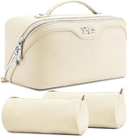 BOYATU Travel Makeup Bag Organizer Cosmetic Bag: 3 Pcs Set Make up Bags for Women with Handle - Waterproof Vegan Leather Toiletry Bags Travel Essentials Pouch with Compartments (C-04-White)