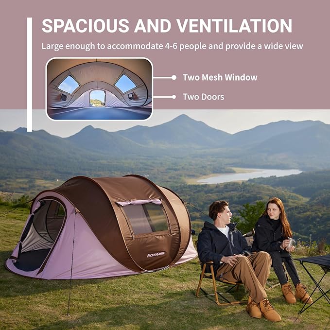 EchoSmile Pop Up Camping Tent, 2/4/6 Person Easy Setup Tent, Water Resistant Dome, Portable with Carry Bag