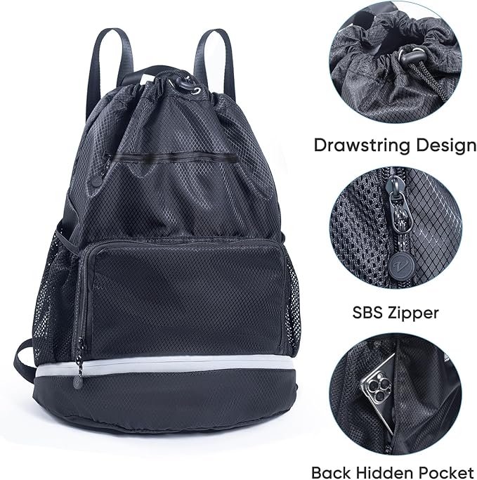 Swim Beach Sports Drawstring Backpack - Gym Bag with Shoes Compartment and Waterproof Pocket for Gym Accessories, Swim Essentials - Kids Mens Beach Workout Bag