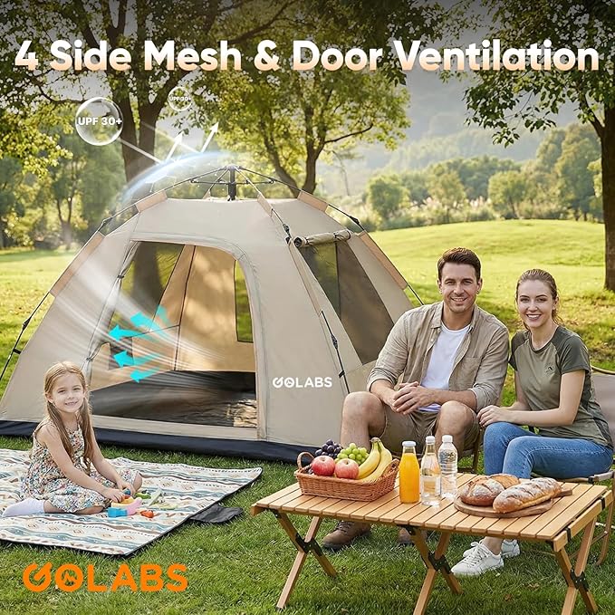 Golabs Pop Up Camping Tent for 2/3/4 Person, 1-Min Setup by Pre-Attached Pole, 4 Side Mesh& Door for View/Airflow, CT2 Instant Canopy Tent with PU1500mm Waterproof, for Outdoor/Camping/Music Festivals