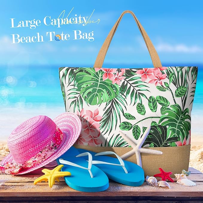 Trifabricy Beach Bag for Women, Large Beach Tote Bags with Zipper, Woven Straw Tote Waterproof, Swim Gym Shopping Travel Bag