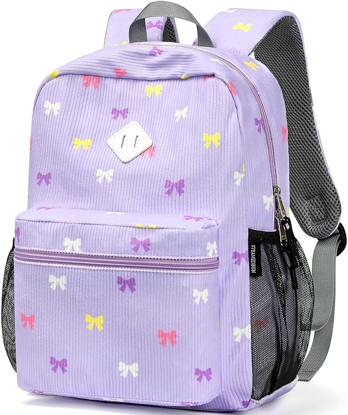 STEAMEDBUN Corduroy Kids Backpack for Girls 3-8, Girls Backpack for Elementary Kindergarten - Purple Bow
