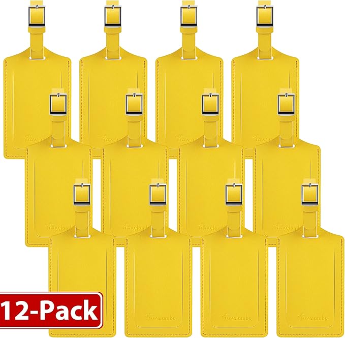 Travelambo 12 Pack Luggage Tags for Suitcases Privacy Protection Bag Tags Faux Leather Travel Accessories Essential, Energetic Yellow