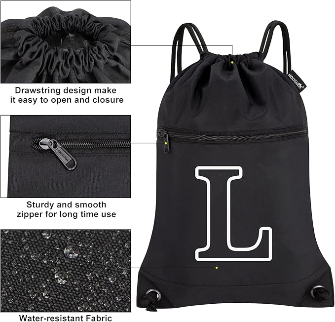 HOLYLUCK Drawstring Bags Initial Backpack Sackpack Cinch Bags for Sports, Gym, Travel, Beach (Black-L)