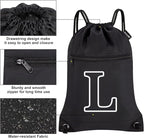 HOLYLUCK Drawstring Bags Initial Backpack Sackpack Cinch Bags for Sports, Gym, Travel, Beach (Black-L)