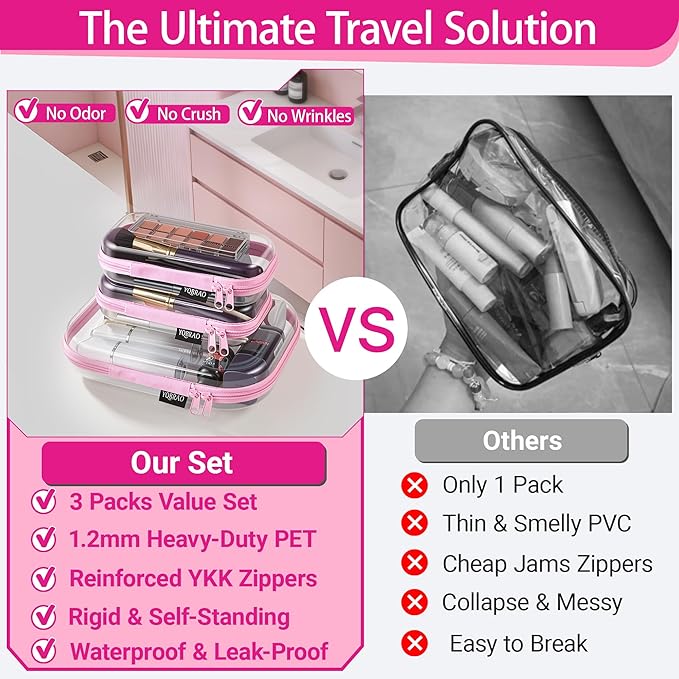 YQBRAO 3-Pack Clear Hard Shell Zipper Case Pink, 1.2mm Heavy-Duty Crush-Proof Travel Makeup Bag, TSA Approved Clear Zipper Pouches, Rigid Toiletry & Diaper Bag Organizer for Tech, Toys & Art Supplies