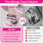 YQBRAO 3-Pack Clear Hard Shell Zipper Case Pink, 1.2mm Heavy-Duty Crush-Proof Travel Makeup Bag, TSA Approved Clear Zipper Pouches, Rigid Toiletry & Diaper Bag Organizer for Tech, Toys & Art Supplies