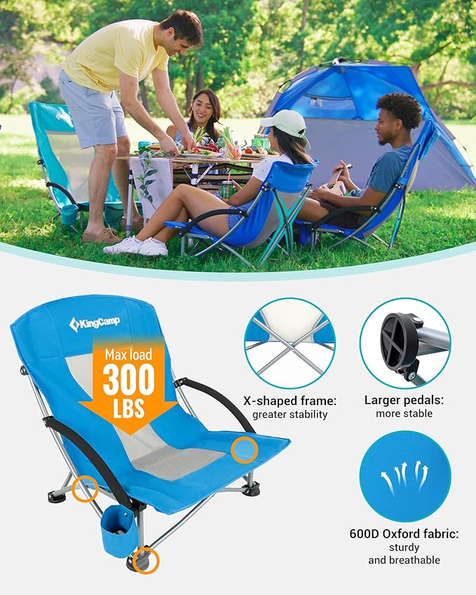 KingCamp Low Beach Chair, High Back Folding Camping Chair for Adults, Oversized Breathable Mesh Seat, 300lbs Heavy Duty Portable Chair with Cup Holder & Storage Pockets for Beach, Outdoor