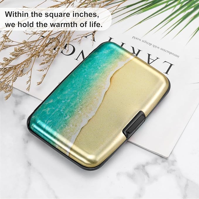 ELFISH Mini RFID Aluminum Wallet Credit Cards Holder Business Card Case Metal ID Case for Men Women（Beach