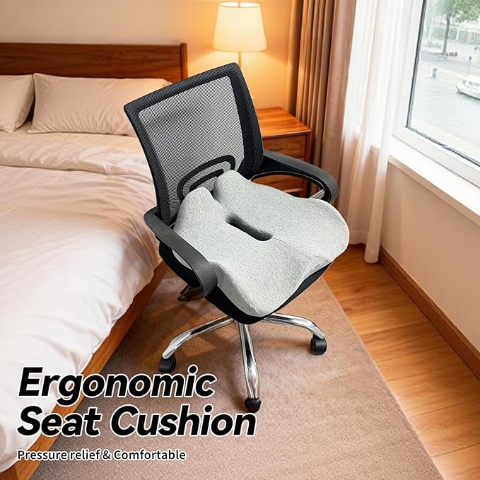 18x16 Inch Gray Memory Foam Seat Cushion for Office Chair, Car Seat, Airplane, Bleacher - Sciatica & Hip & Coccyx Pain Relief Desk Chairs Cushions for Long Sitting Peoples