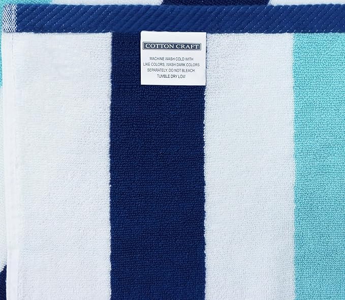 COTTON CRAFT Hooded Beach Towel – Oversized 35 x 70 Towel with Hood for Adults - 100% Cotton Velour Terry Towel - Pool Bath Wrap - Super Soft Plush Absorbent Quick Dry – 630 GSM – Cabana Stripe Blue