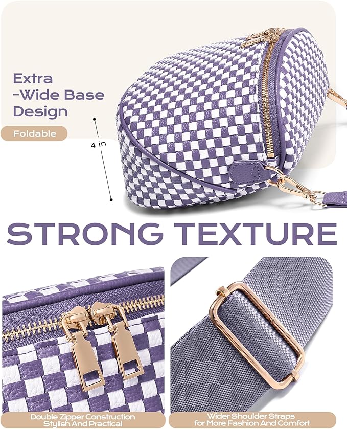 Trendy Woven Checkered Crossbody Bum Bag for Women，PU Leather Checkered Purse Fanny Packs Belt Bag (Woven Bum Bag - Cloudy Purple White)