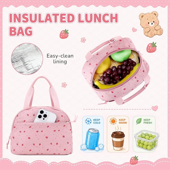 PIG PIG GIRL Corduroy Backpack 3PCS Kids Backpack for Girls School Bags for Middle School Students Book Bag for Elementary Primary Kawaii Ita Backpack with Lunch Box Pencil Case Set, Pink Strawberry