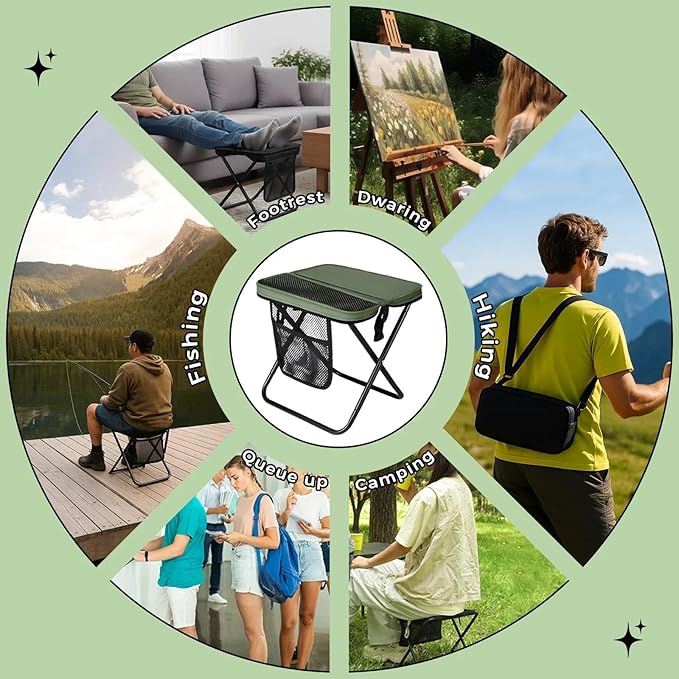12" Portable Collapsible Stool - Folding Chair with Storage Pouch, Convertible Satchel for Hands-Free Carry & Supports 265Lbs, Ultralight for Hiking, Fishing, Camping, Festivals (Green, Standard)