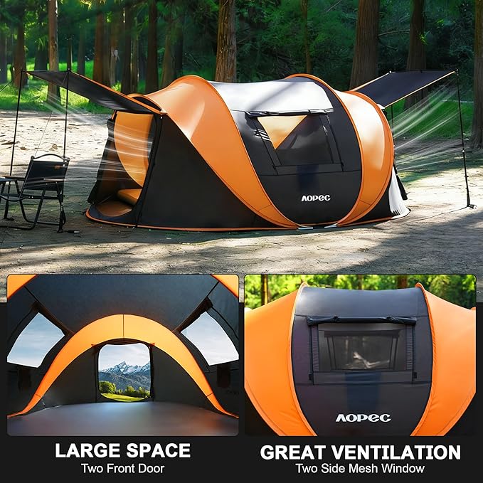 Pop Up Camping Tent, 2/4/6 Person Instant Tent Waterproof PU4500mm, Spacious Ventilated Camping Tent with Front Porch, Quick Setup Lightweight Portable for Outdoor Camping Hiking Beach