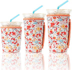 KJQJLY 3 Pack Reusable Iced Coffee Sleeves for Iced Coffee Cups or Drinks Reusable Neoprene Insulated Sleeves for Hot and Cold Drinks from Starbucks, Dunkin, And More (Light orange floral)