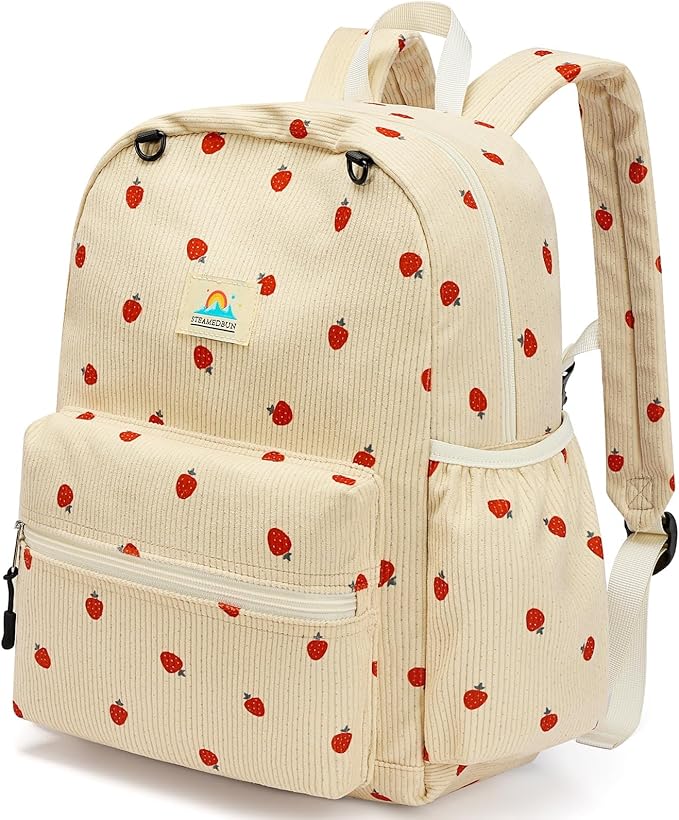 STEAMEDBUN Corduroy Kids Backpack for Girls and Boys 5-8: Girls Backpack for Elementary Kindergarten - 15 inch Cute Backpacks for Kids - Strawberry