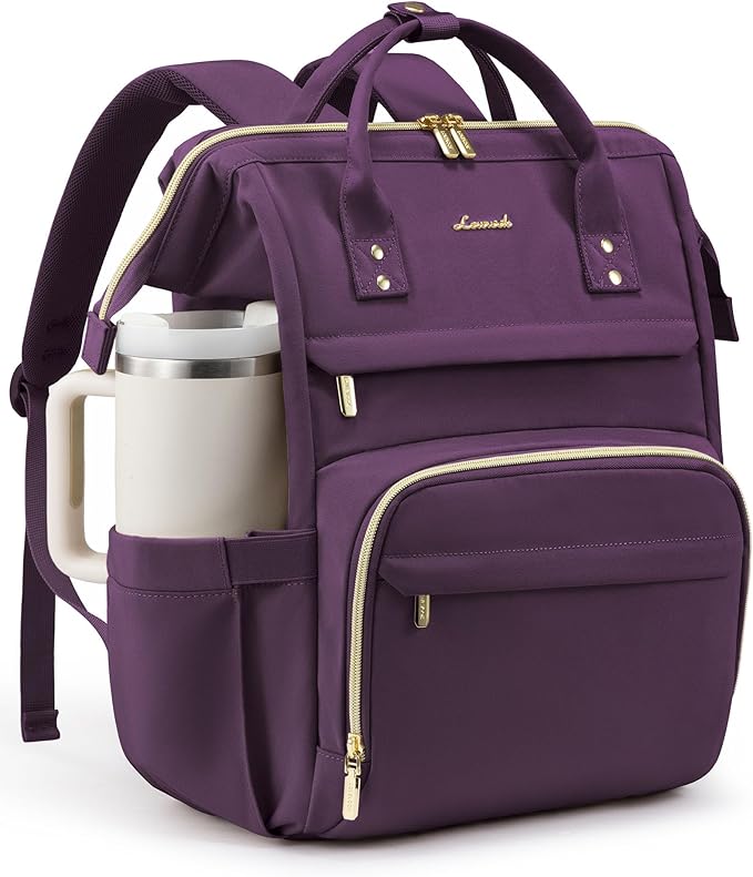 LOVEVOOK Laptop Backpack for Women with Giant Tumbler Holder Pocket,18 inch Waterproof Travel Backpack Purse Computer Laptop Bag,Professional Work College Nurse Teacher Backpack Daypack,Rose Purple